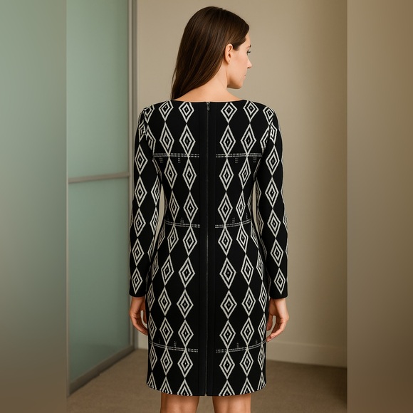 Belle Badgley Mischka Black White Long sleeve BodyCon Full Zip Knit Dress Medium - Picture 9 of 9